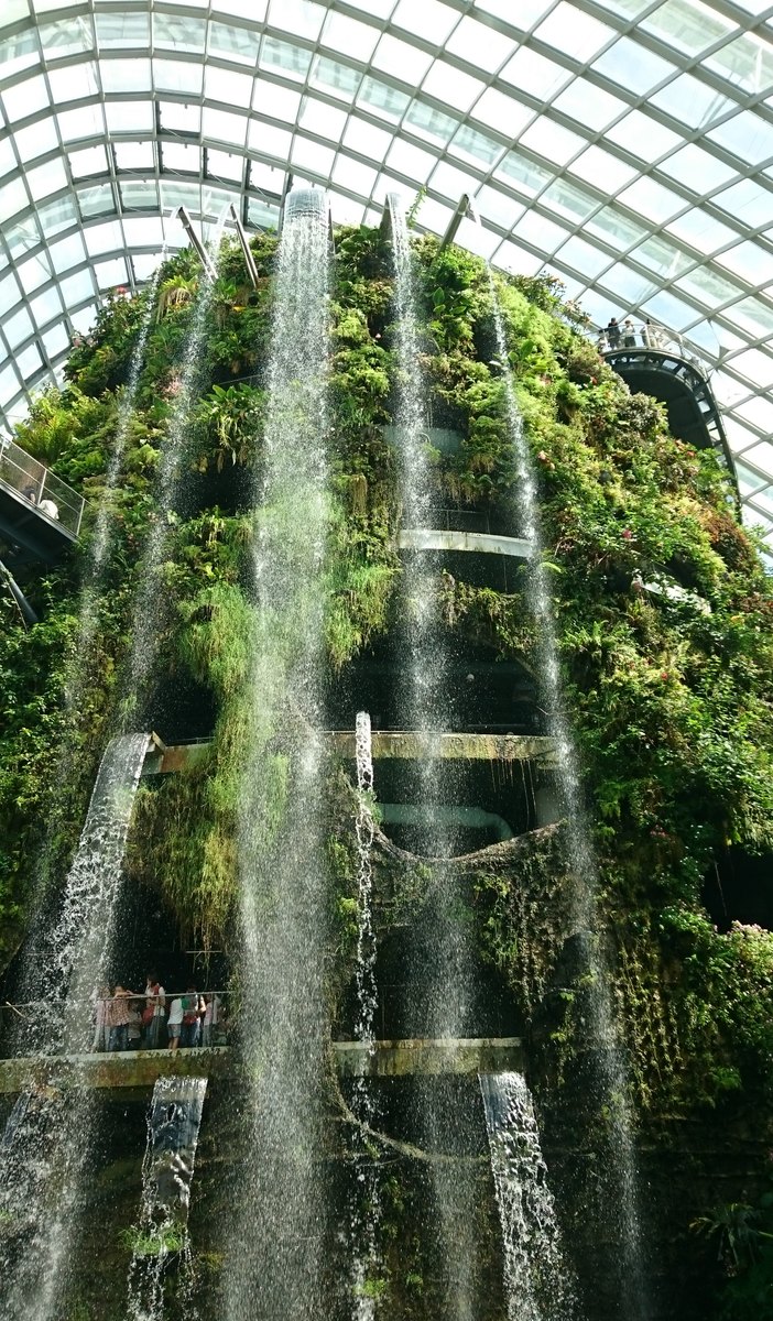 An immense indoor green mountain covered in plants, with a tall waterfall plunging beside elevated walkways.
