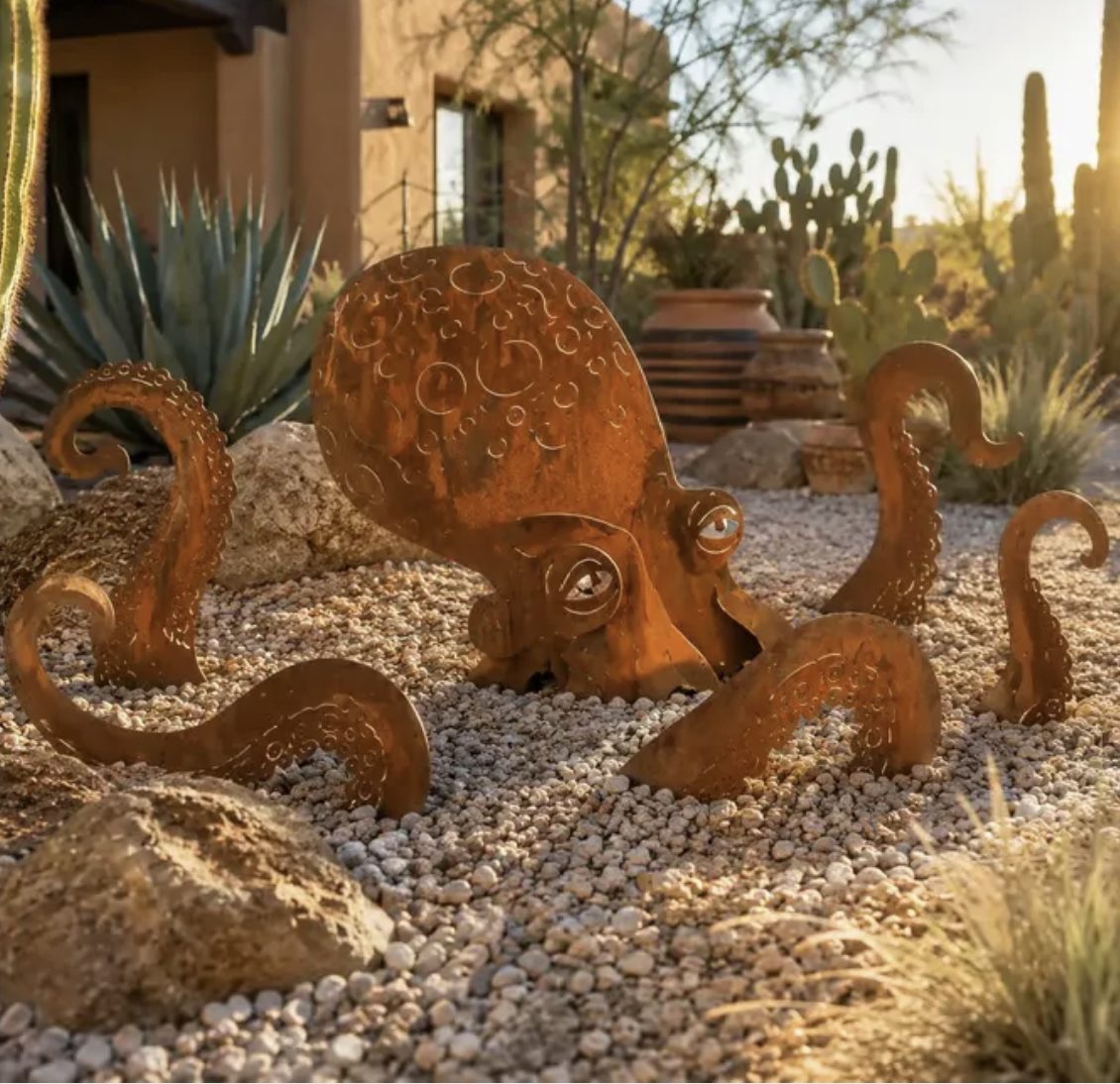Rusty octopus garden sculpture