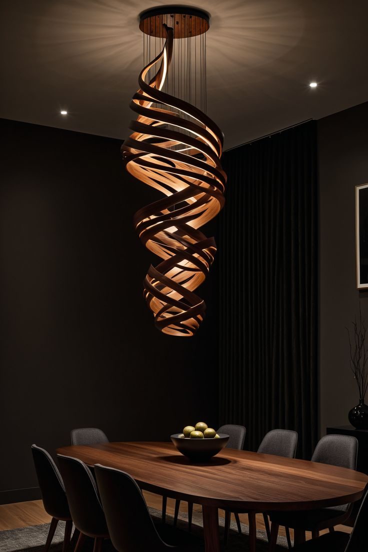 Sculptural wooden chandelier brings depth