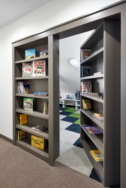 A bookshelf door into a gaming room
