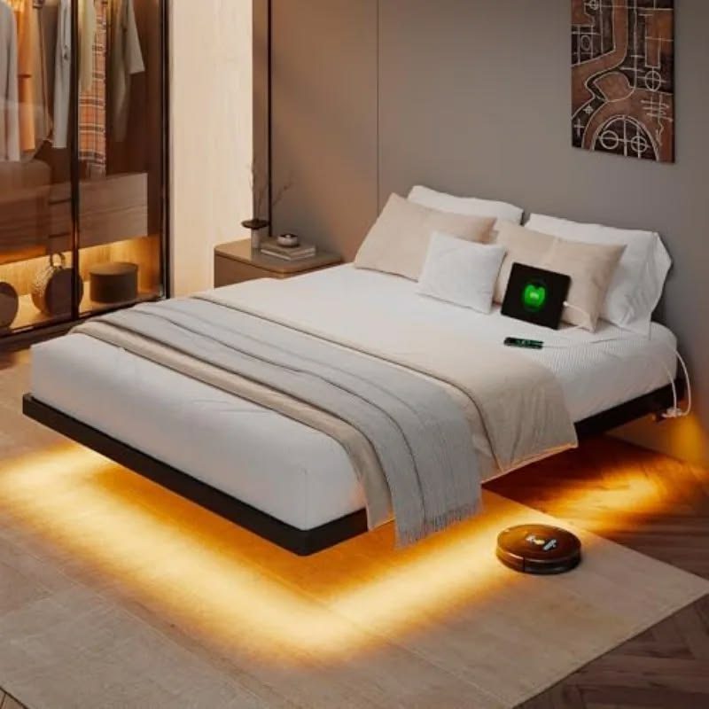 Full Size Floating Bed Frame with LED Lights and Charging Station