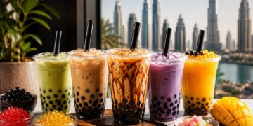 Colourful bubble tea drinks with tapioca pearls, fruit flavours and brown sugar milk tea overlooking the Dubai skyline – featured image for the Best Boba & Bubble Tea Places in Dubai 2026 guide.