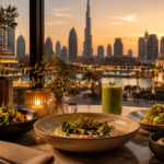 Premium vegetarian and vegan dishes on an elegant Dubai terrace at sunset, with the Burj Khalifa skyline in the background