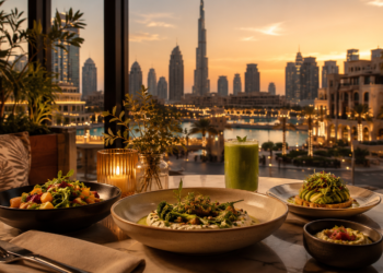 Premium vegetarian and vegan dishes on an elegant Dubai terrace at sunset, with the Burj Khalifa skyline in the background