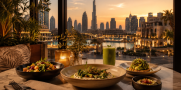 Premium vegetarian and vegan dishes on an elegant Dubai terrace at sunset, with the Burj Khalifa skyline in the background