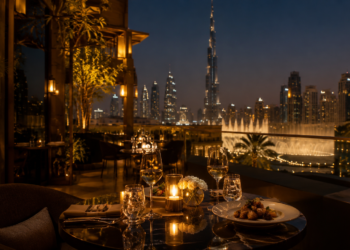 Dubai Fountain view restaurant terrace near Dubai Mall at night