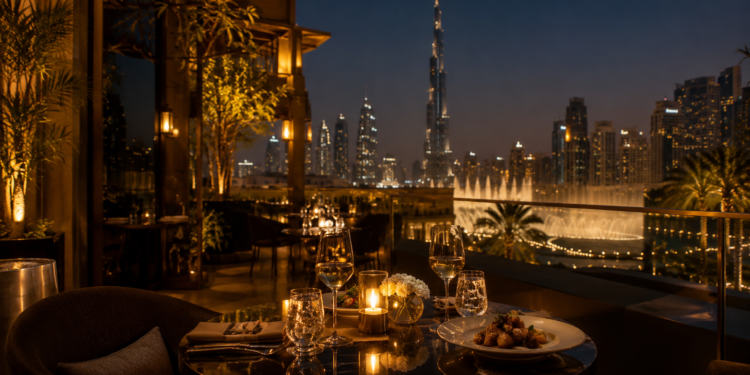 Dubai Fountain view restaurant terrace near Dubai Mall at night