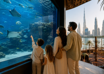 Family by the aquarium with city view