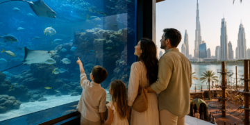 Family by the aquarium with city view