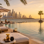 A premium Dubai beach club scene with sunbeds, pool, mocktails, towels, palm trees, sea views and warm golden sunlight.