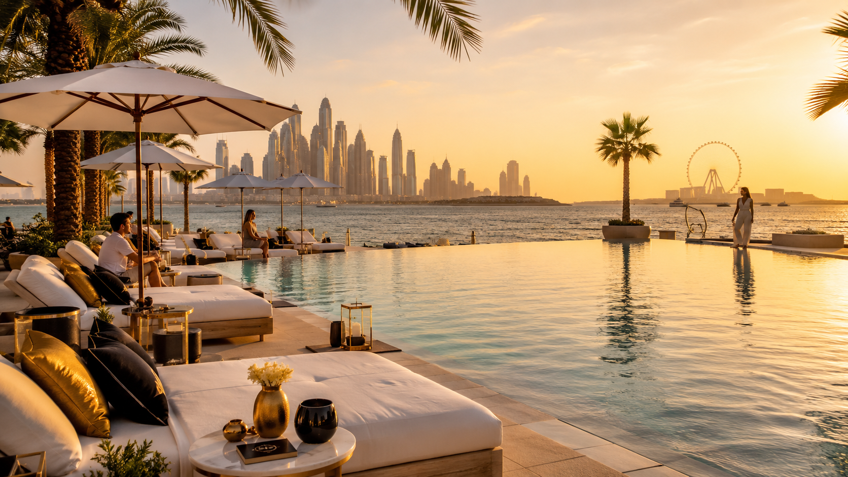 A premium Dubai beach club scene with sunbeds, pool, mocktails, towels, palm trees, sea views and warm golden sunlight.