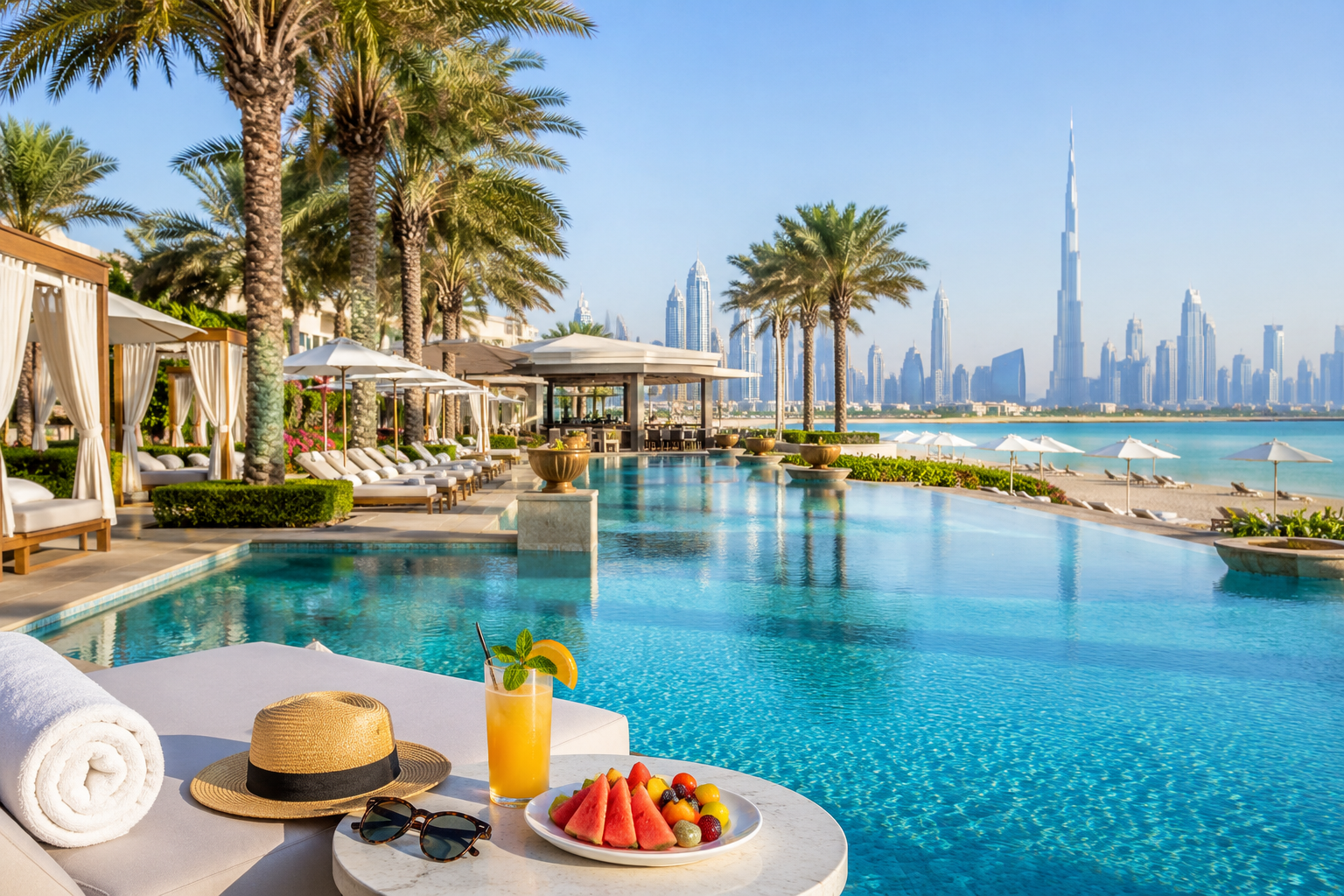Luxury Dubai hotel day pass with infinity pool, private beach, cabanas and skyline views.