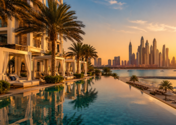 A premium Dubai luxury hotel suite with skyline views, elegant bed, marble table, pool reflections and warm golden lighting.