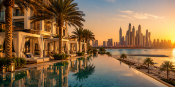 A premium Dubai luxury hotel suite with skyline views, elegant bed, marble table, pool reflections and warm golden lighting.