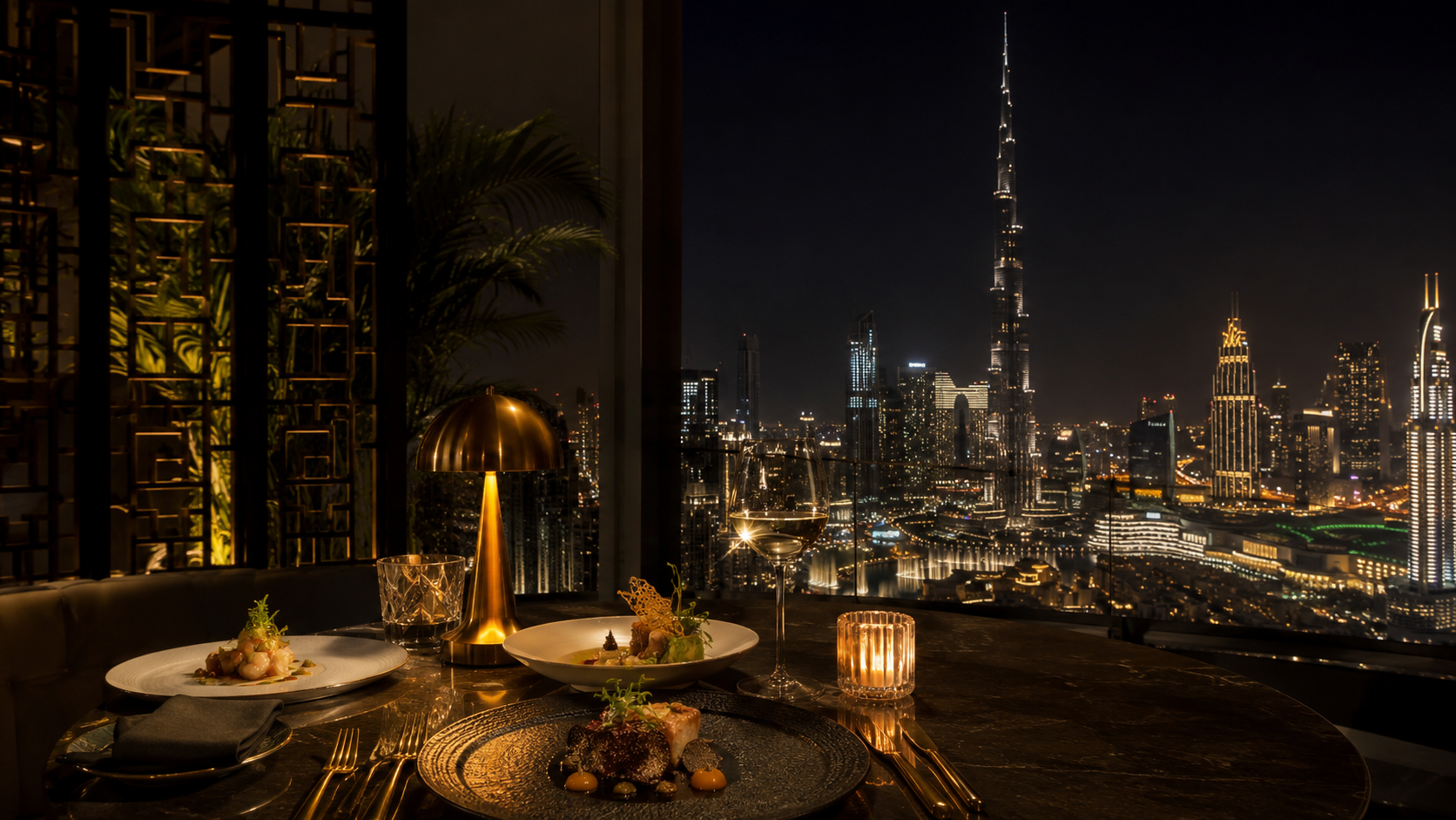 A premium Dubai restaurant table with elegant plates, seafood, pasta, grilled dishes, desserts and warm golden dining room lighting.