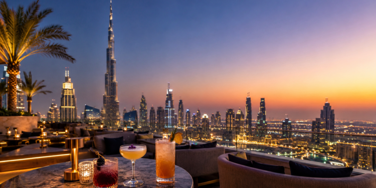 A premium Dubai rooftop bar scene with elegant drinks, skyline views, golden sunset light and a modern rooftop lounge setting.