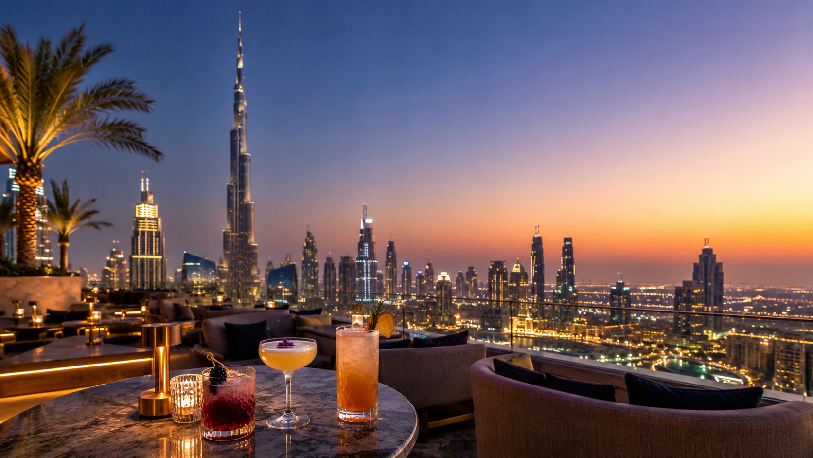 A premium Dubai rooftop bar scene with elegant drinks, skyline views, golden sunset light and a modern rooftop lounge setting.