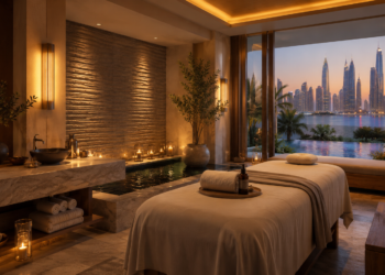 A premium Dubai spa scene with massage oils, towels, candles, flowers, stone bowls and warm golden wellness lighting.