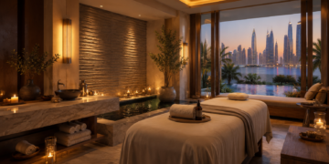 A premium Dubai spa scene with massage oils, towels, candles, flowers, stone bowls and warm golden wellness lighting.