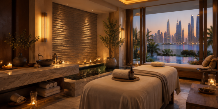 A premium Dubai spa scene with massage oils, towels, candles, flowers, stone bowls and warm golden wellness lighting.