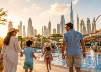 A premium Dubai family activity scene with colourful play equipment, toy blocks, tickets, a family day planner and warm golden light.
