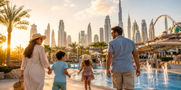 A premium Dubai family activity scene with colourful play equipment, toy blocks, tickets, a family day planner and warm golden light.