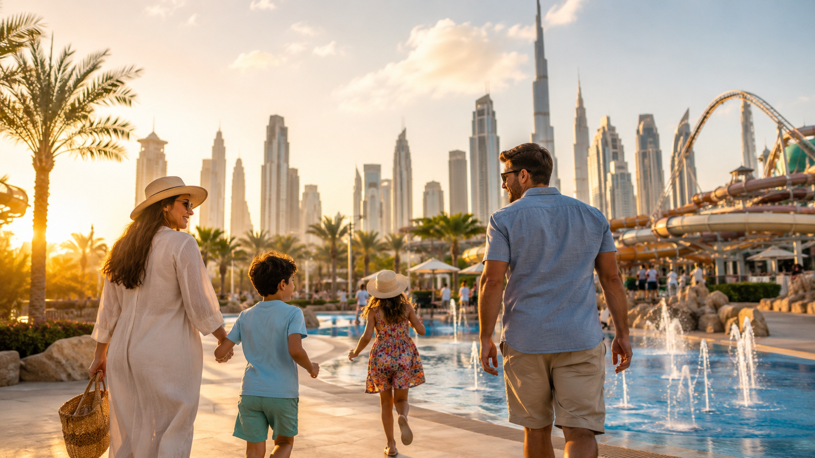 A premium Dubai family activity scene with colourful play equipment, toy blocks, tickets, a family day planner and warm golden light.