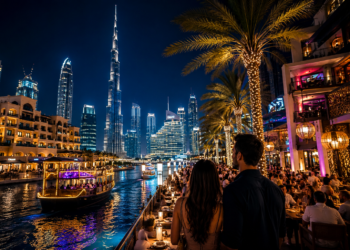 Couple overlooking Dubai’s illuminated waterfront and Burj Khalifa at night, with glowing palm-lined restaurants and boats on the water.