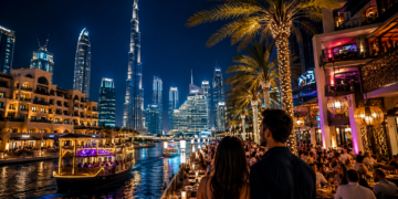 Couple overlooking Dubai’s illuminated waterfront and Burj Khalifa at night, with glowing palm-lined restaurants and boats on the water.