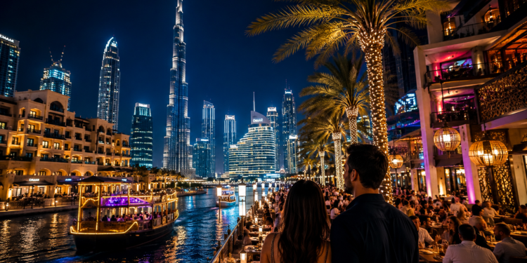 Couple overlooking Dubai’s illuminated waterfront and Burj Khalifa at night, with glowing palm-lined restaurants and boats on the water.