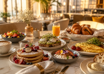 A premium Dubai breakfast table with eggs, pancakes, pastries, coffee, fresh juice and warm morning light.
