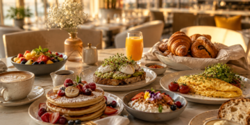 A premium Dubai breakfast table with eggs, pancakes, pastries, coffee, fresh juice and warm morning light.