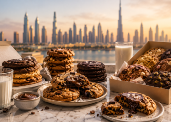 Gooey chocolate chip cookies, stacked cookies, cookie boxes and milk glasses on a marble table with the Dubai skyline in the background.
