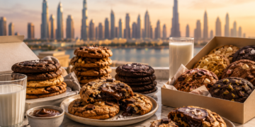 Gooey chocolate chip cookies, stacked cookies, cookie boxes and milk glasses on a marble table with the Dubai skyline in the background.