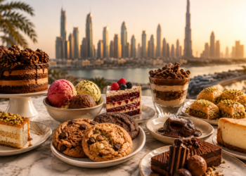 Colourful cakes, cookies, gelato, baklava and dessert plates on a marble table with the Dubai skyline softly blurred in the background.