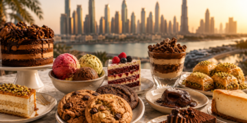 Colourful cakes, cookies, gelato, baklava and dessert plates on a marble table with the Dubai skyline softly blurred in the background.
