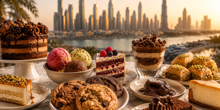 Colourful cakes, cookies, gelato, baklava and dessert plates on a marble table with the Dubai skyline softly blurred in the background.