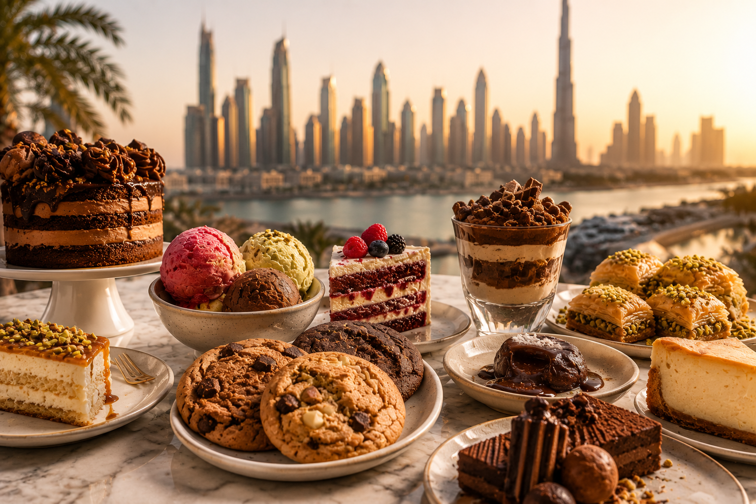 Colourful cakes, cookies, gelato, baklava and dessert plates on a marble table with the Dubai skyline softly blurred in the background.