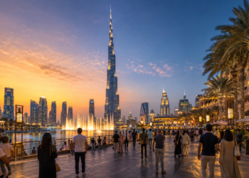 Dubai Fountain and Burj Khalifa at sunset, with visitors walking along the Downtown Dubai waterfront promenade.