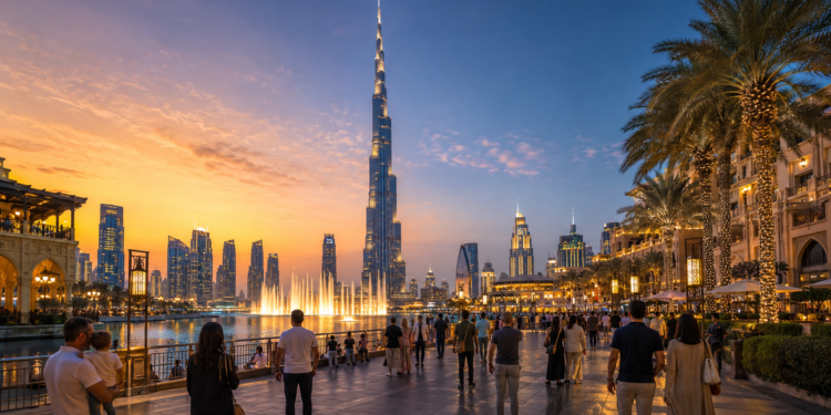 Dubai Fountain and Burj Khalifa at sunset, with visitors walking along the Downtown Dubai waterfront promenade.