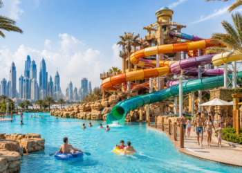 Family enjoying colourful water slides and pools at a Dubai waterpark with palm trees and city skyline views.