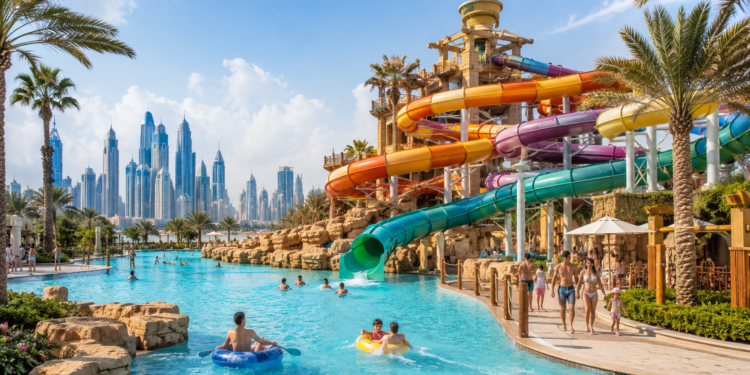 Family enjoying colourful water slides and pools at a Dubai waterpark with palm trees and city skyline views.