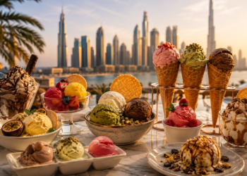 Colourful ice cream scoops, gelato cones and dessert cups on a table with the Dubai skyline softly blurred in the background.