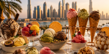 Colourful ice cream scoops, gelato cones and dessert cups on a table with the Dubai skyline softly blurred in the background.