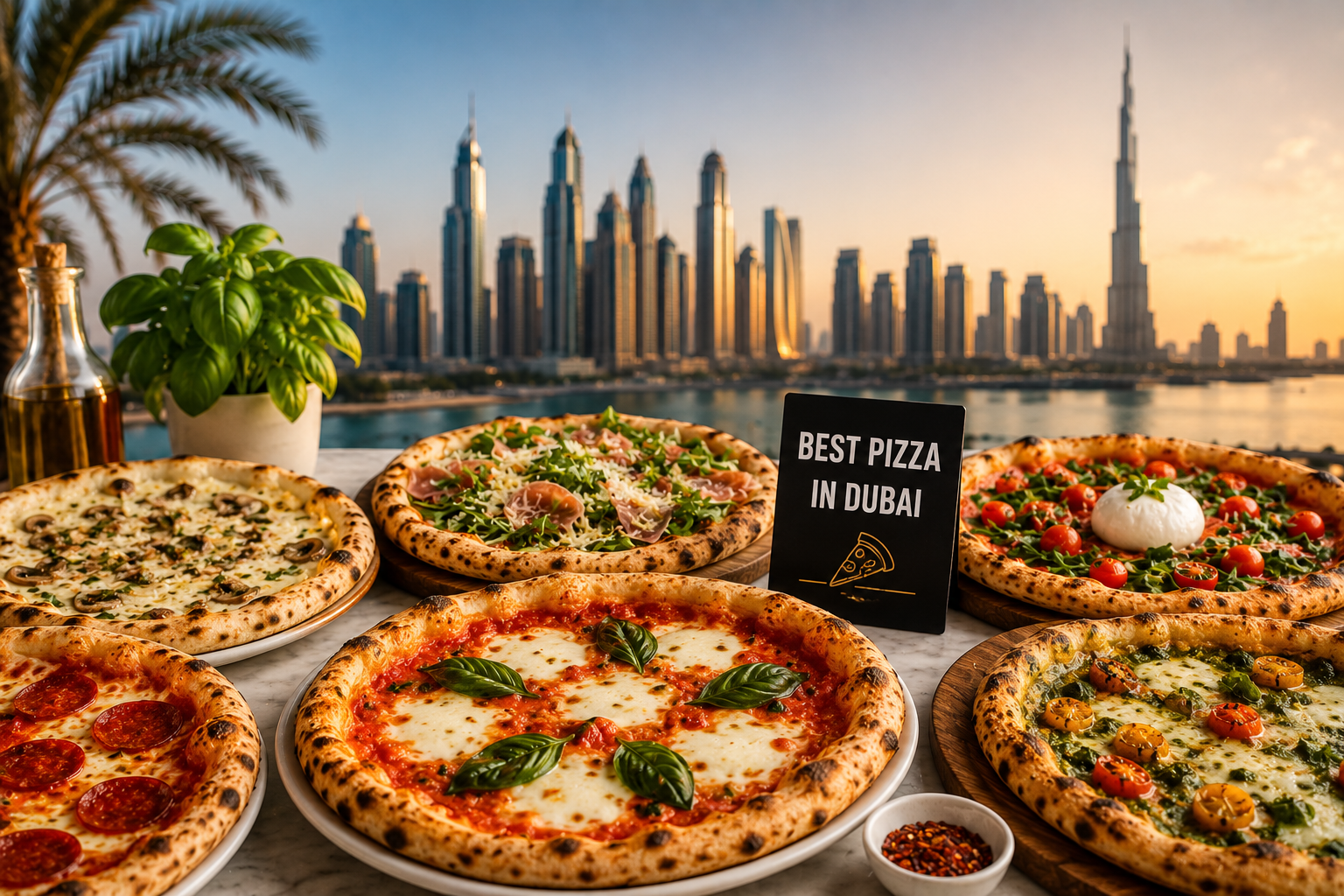 A selection of wood-fired pizzas with fresh toppings on a table overlooking the Dubai skyline and Burj Khalifa at sunset.