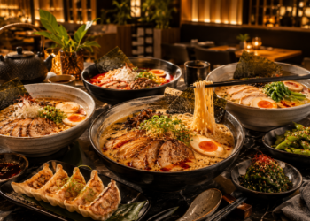 A premium Dubai ramen restaurant table with steaming ramen bowls, noodles, soft-boiled eggs, broth, gyoza, chopsticks and Japanese side dishes.