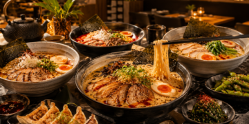 A premium Dubai ramen restaurant table with steaming ramen bowls, noodles, soft-boiled eggs, broth, gyoza, chopsticks and Japanese side dishes.