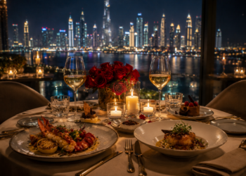 A premium romantic Dubai restaurant table with candles, roses, elegant plates, glassware and warm skyline lighting.