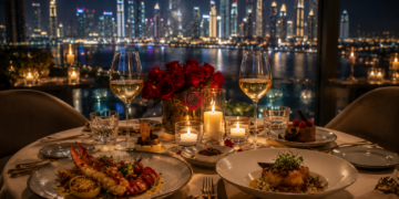 A premium romantic Dubai restaurant table with candles, roses, elegant plates, glassware and warm skyline lighting.
