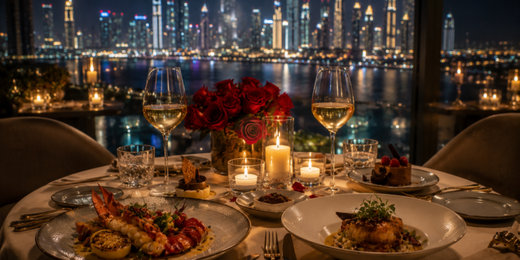 A premium romantic Dubai restaurant table with candles, roses, elegant plates, glassware and warm skyline lighting.